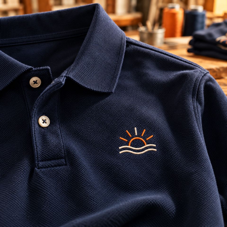 Detalle de un polo azul oscuro con un logotipo pequeño bordado