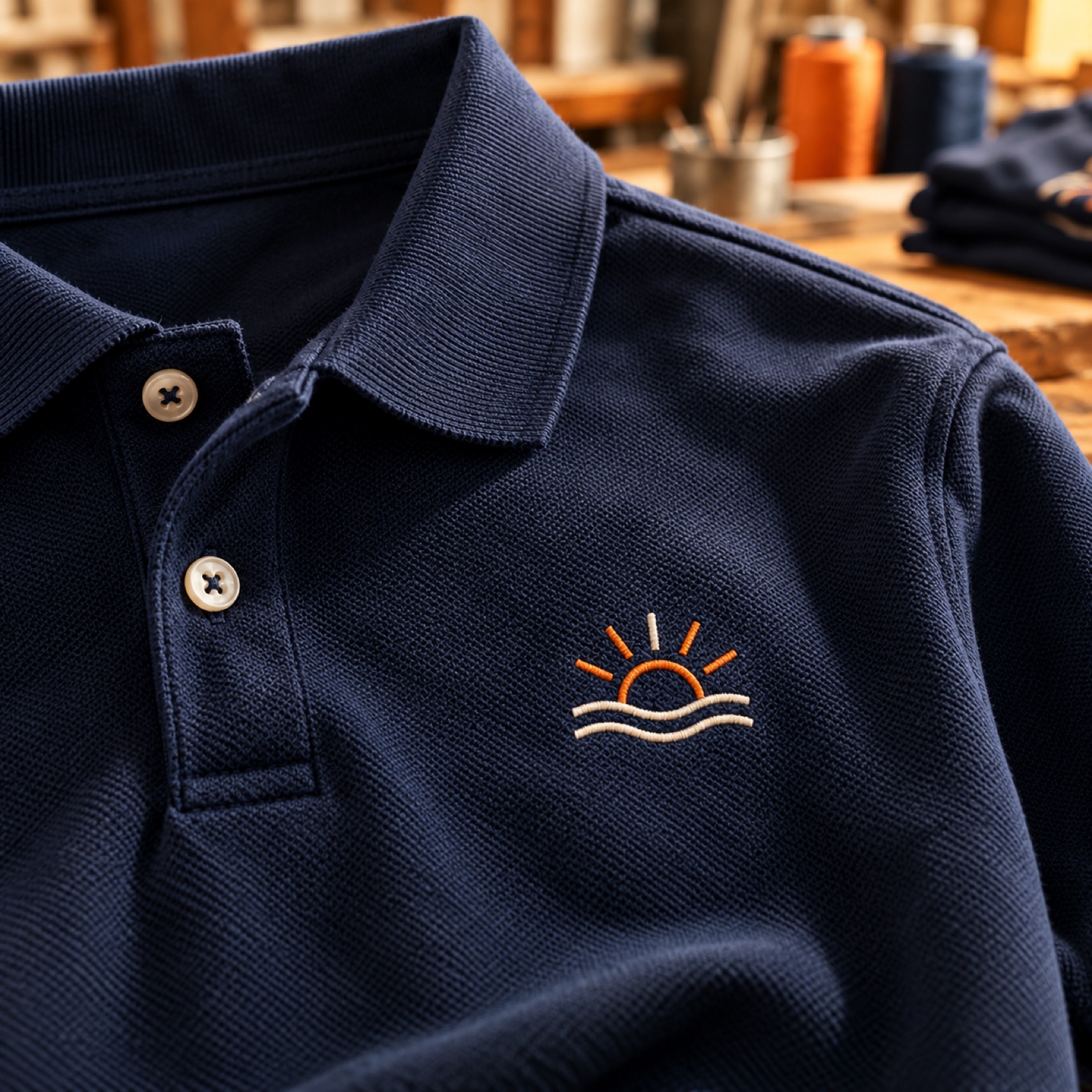 Detalle de un polo azul oscuro con un logotipo pequeño bordado