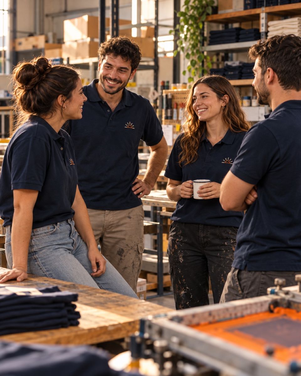 Equipo de trabajo con polos azul oscuro con un pequeño logo en el pecho