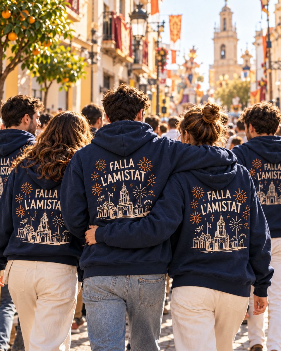 Grupo de espaldas con sudaderas azules estampadas en una calle en fiestas