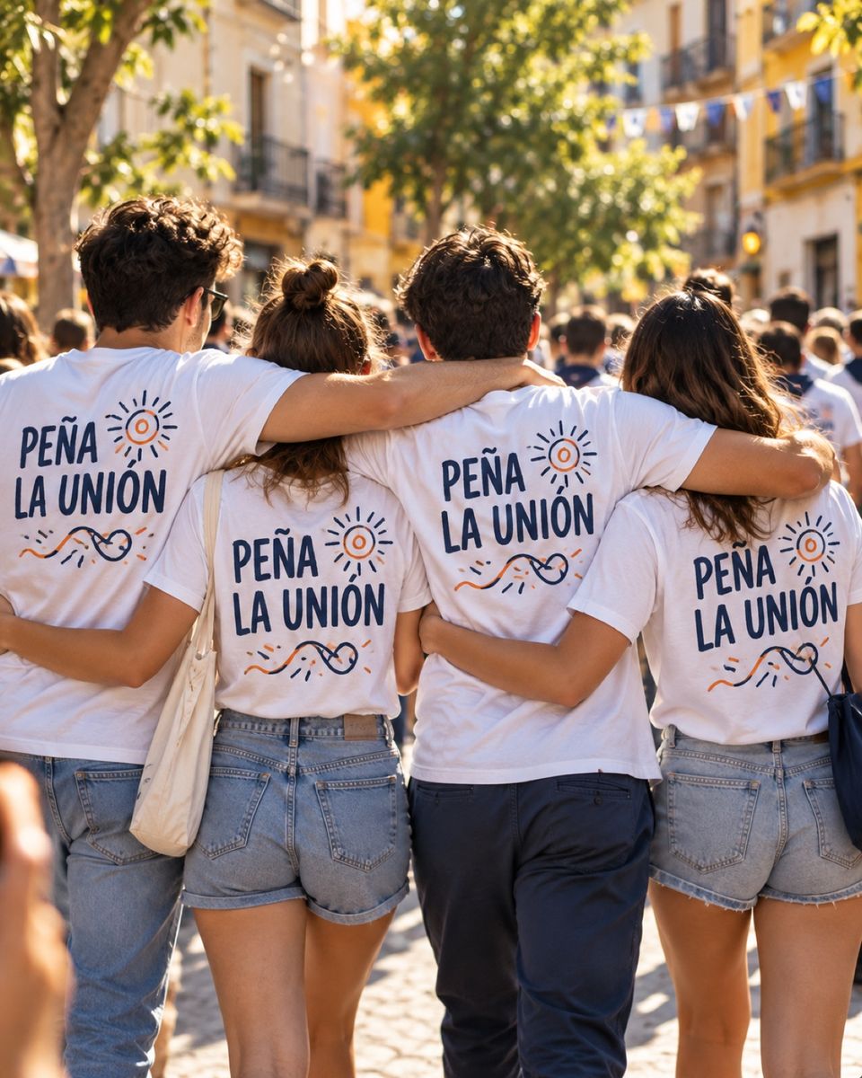 Amigos abrazados de espaldas con camisetas blancas de su peña