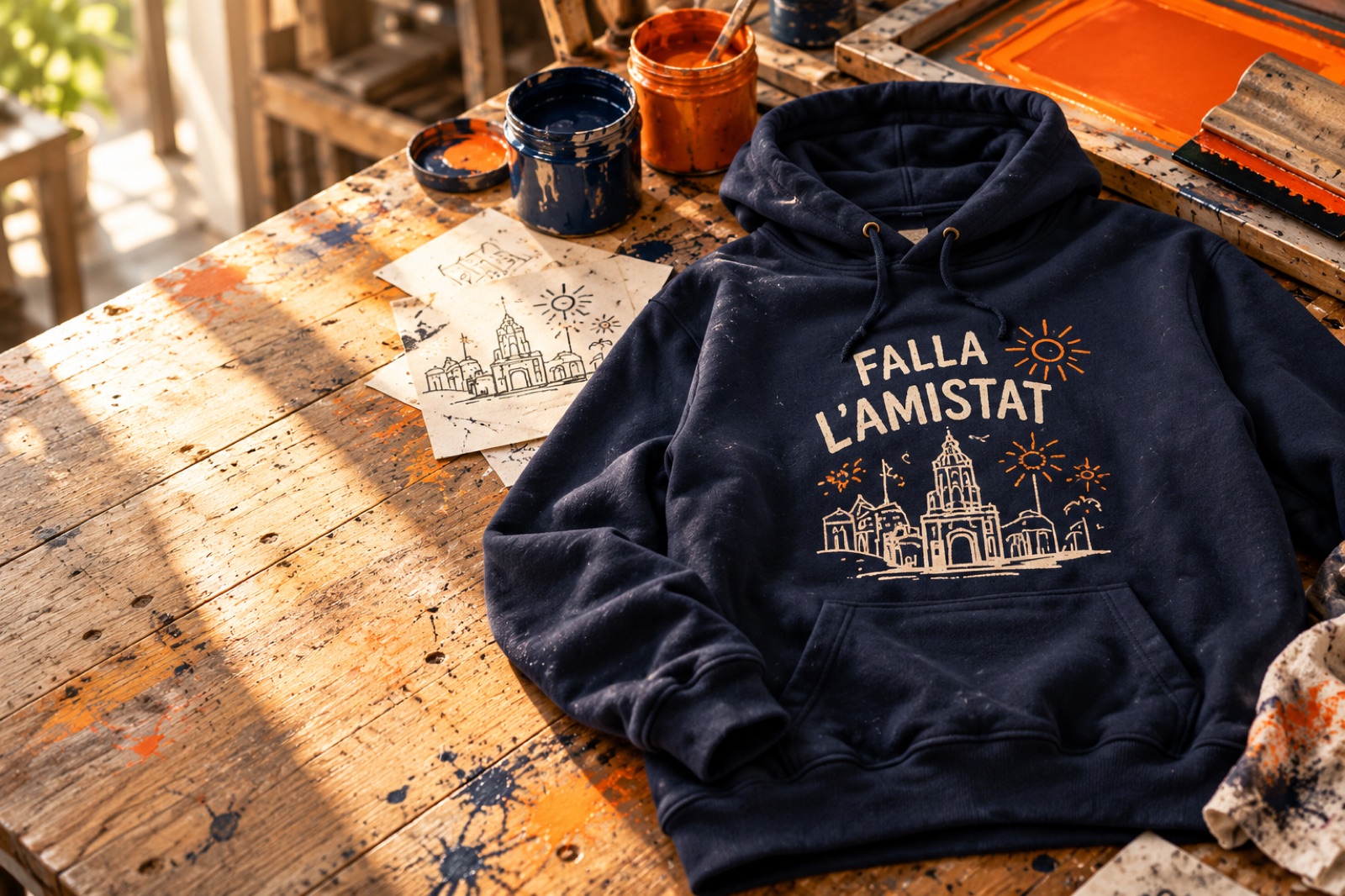 Sudadera azul con el nombre de una falla estampado, sobre una mesa de taller con tintas