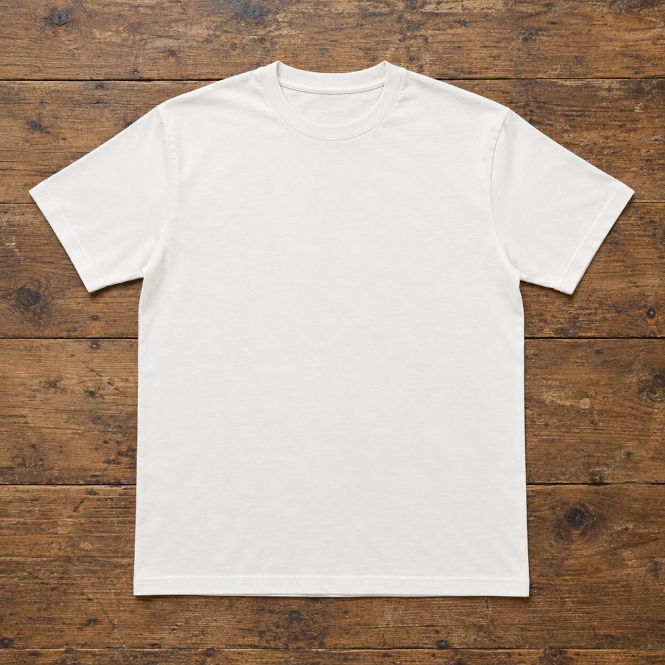 Camiseta blanca lisa doblada sobre una mesa de madera