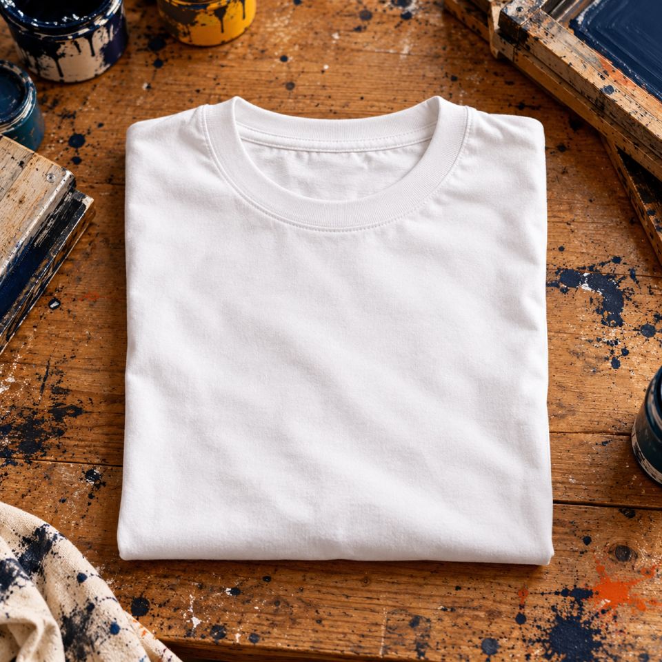 Camiseta blanca lisa doblada sobre una mesa de madera