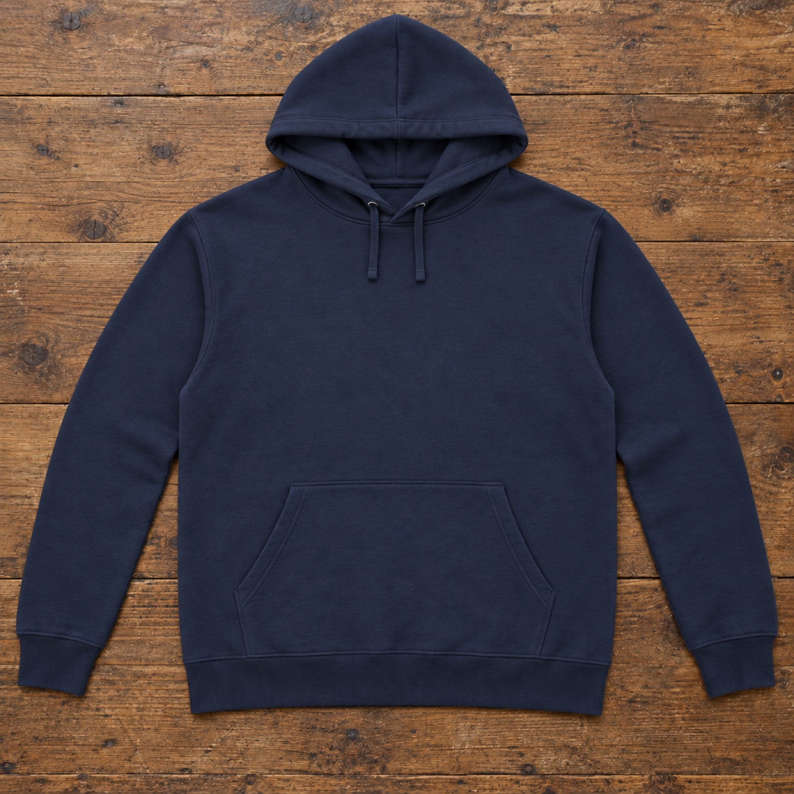 Sudadera con capucha azul tinta lisa doblada sobre una mesa de madera