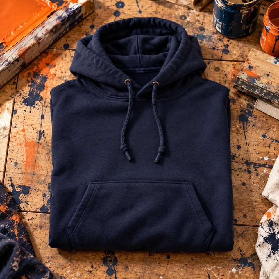 Sudadera con capucha azul tinta lisa doblada sobre una mesa de madera
