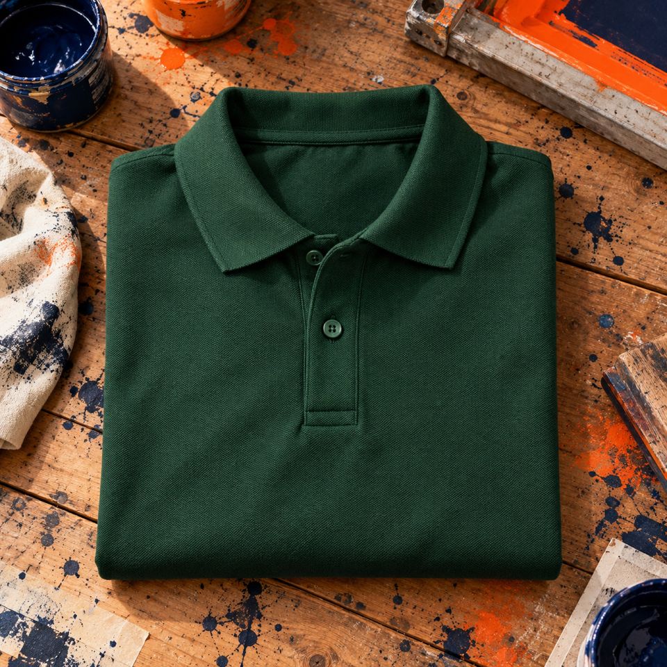 Polo verde botella liso doblado sobre una mesa de madera