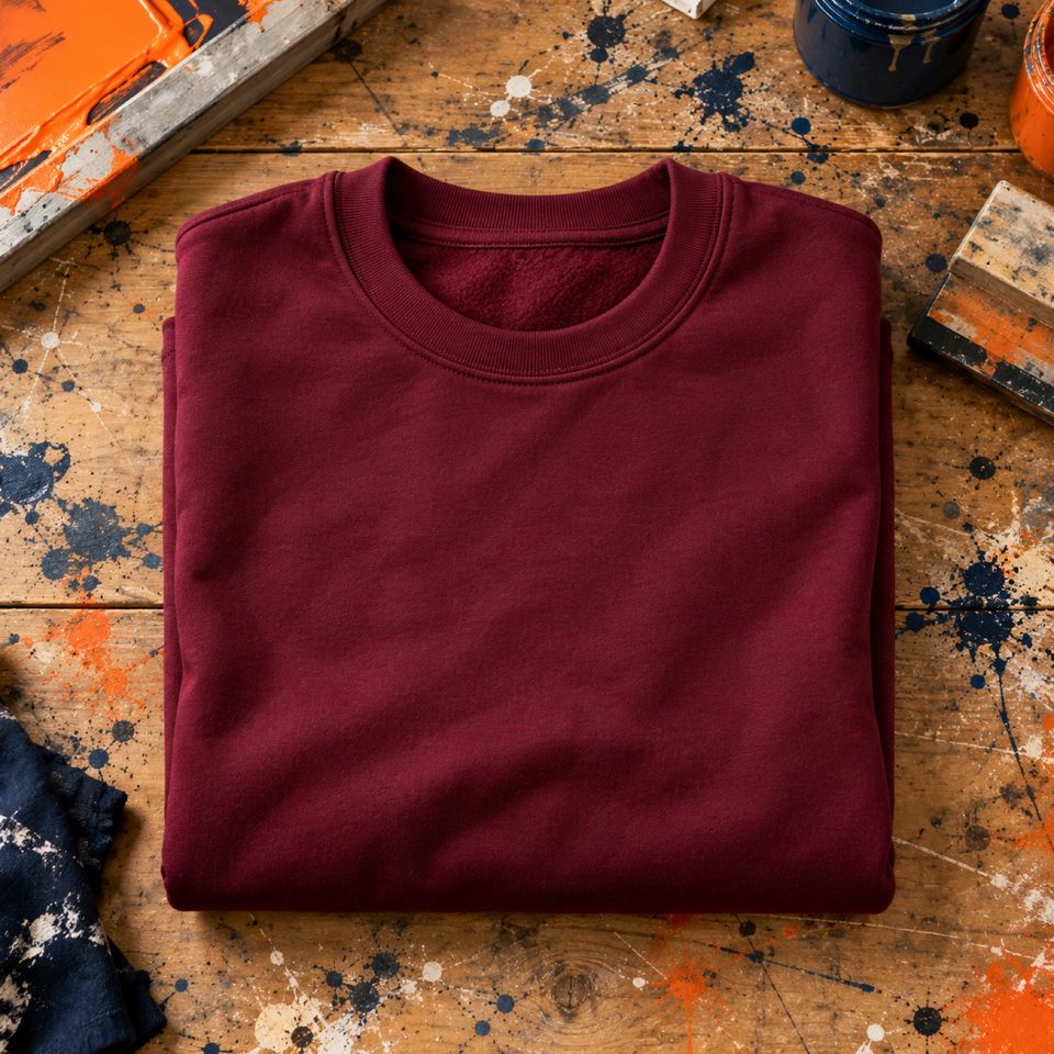 Sudadera granate lisa doblada sobre una mesa de madera