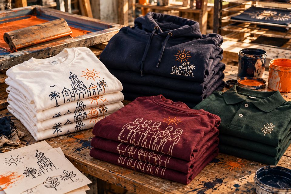 Pila de camisetas, sudaderas y polos estampados en el taller