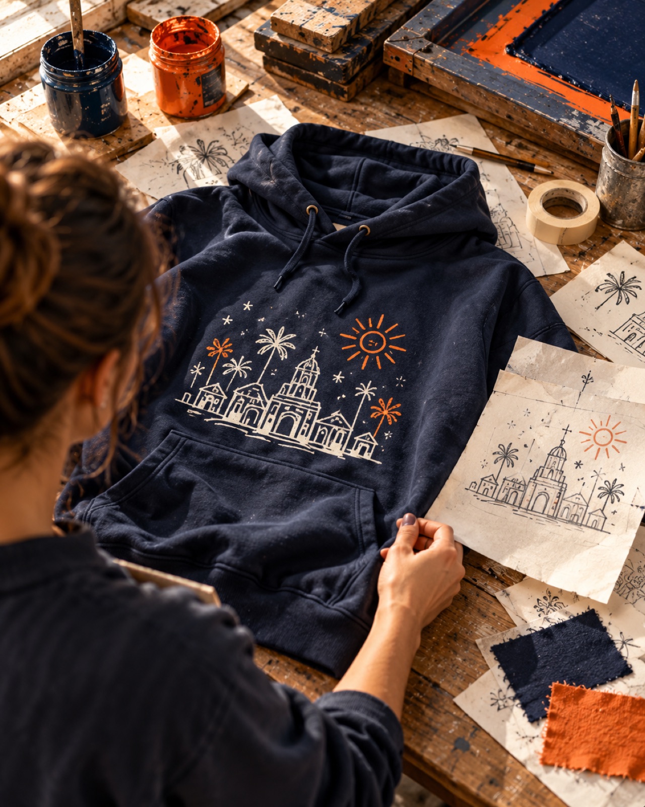 Persona revisando una sudadera estampada sobre la mesa de trabajo