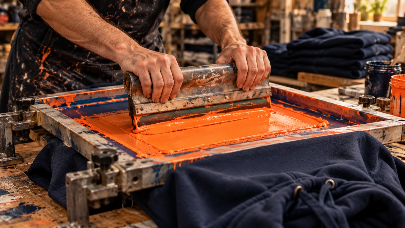 Manos pasando la rasqueta con tinta naranja sobre una pantalla de serigrafía